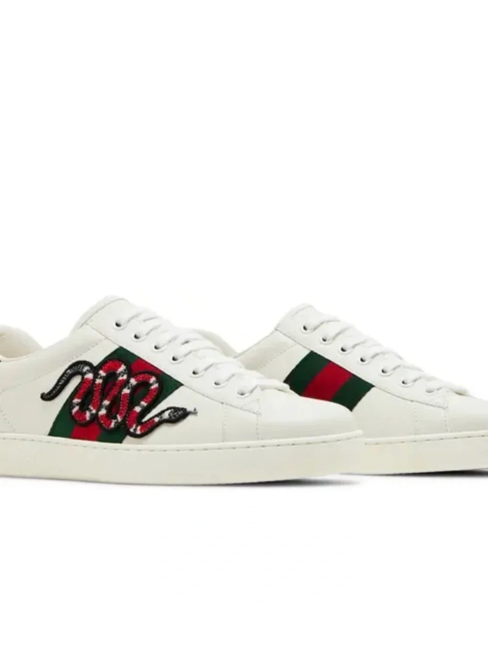 Gucci White Leather Sneakers with Green & Red Stripe and Embroidered Snake